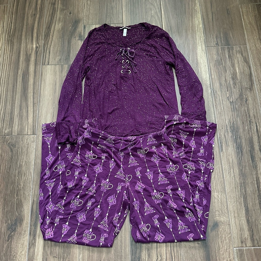 Soma Intimates Womens Medium Purple Holiday Pajama Set Lace Up Top Pants 2pc